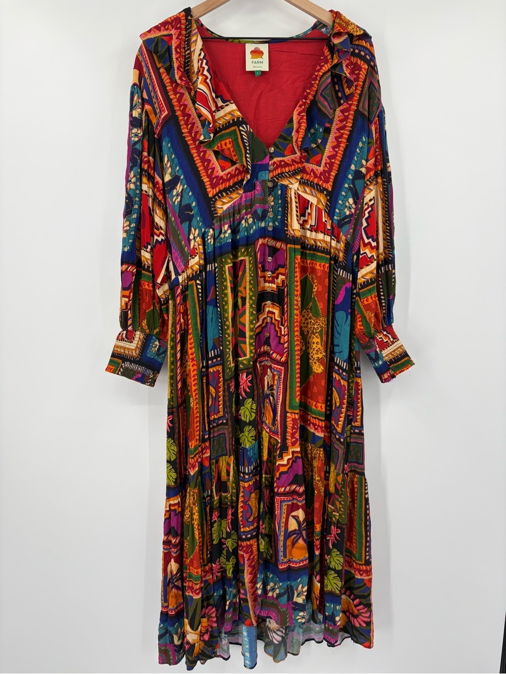 Farm Rio Patchwork Tapestry Ankle Maxi Dress Size L Ruffle Boho - Picture 2 of 16
